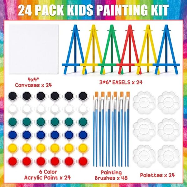 24-Set Mini Acrylic Paint Kit – Canvas, Plastic Easels, Brushes & Palette for Kids’ Art & Party Gifts - Image 3