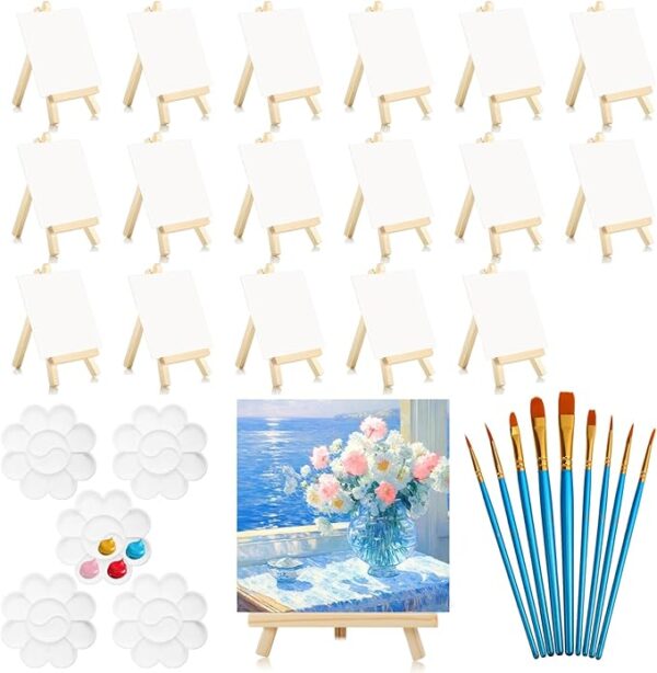 20-Pack Mini Canvas & Easel Set – 4x4" Canvases, 10 Brushes & 5 Palettes for Kids’ Painting Gift