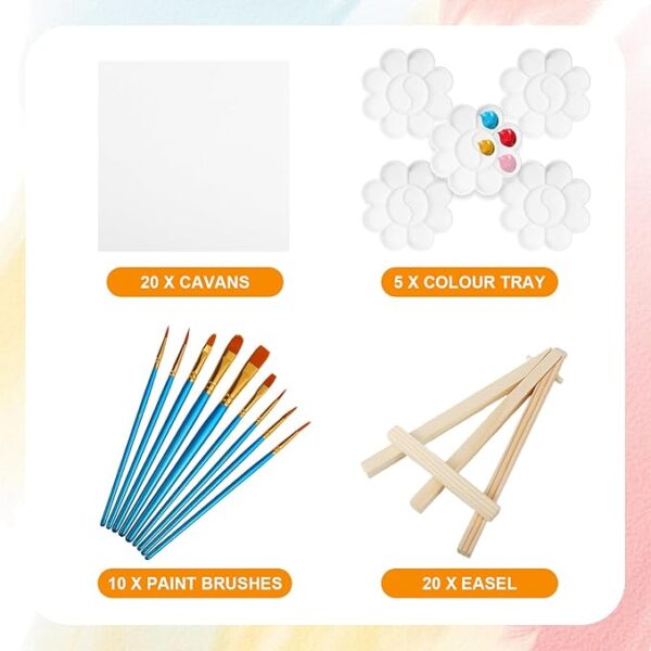 20-Pack Mini Canvas & Easel Set – 4x4" Canvases, 10 Brushes & 5 Palettes for Kids’ Painting Gift - Image 2
