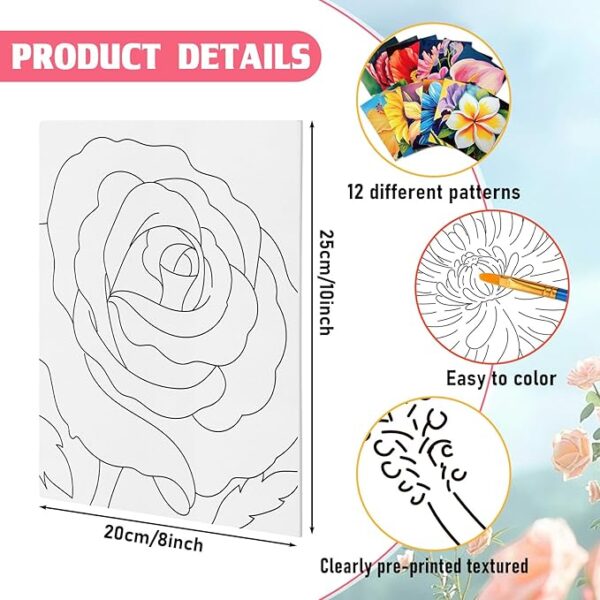 12-Pack Pre-Drawn 7.9x9.8" Canvases – Pre-Stretched DIY Outline Boards for Beginners (Abstract Flower) - Image 2