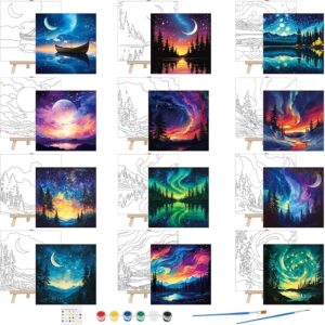 12-Set Pre-Drawn Starry Aurora Canvas Kit – Stretched Panels with Easels & Brushes for Kids & Adults