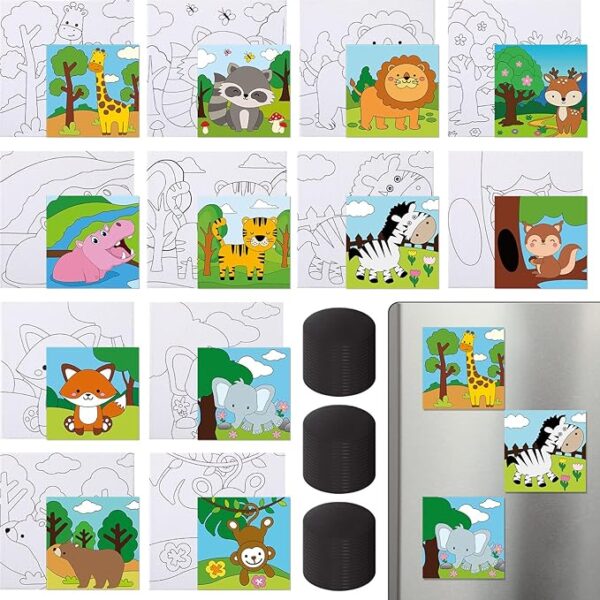 48-Pack 4x4" Pre-Printed Animal Canvas Panels with Magnets – Kids & Beginner Art Party Set