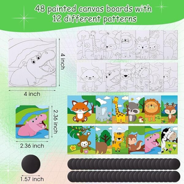 48-Pack 4x4" Pre-Printed Animal Canvas Panels with Magnets – Kids & Beginner Art Party Set - Image 2