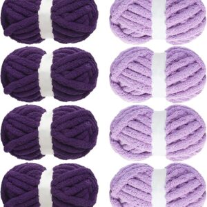 8-Pack Assorted Chunky Chenille Yarn – Fluffy, Soft, 27 yds Each, Purple & Dark Purple