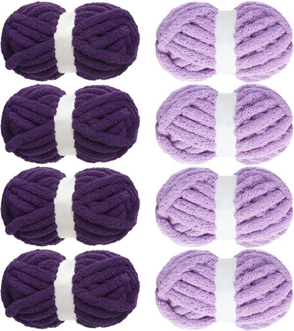 8-Pack Assorted Chunky Chenille Yarn – Fluffy, Soft, 27 yds Each, Purple & Dark Purple