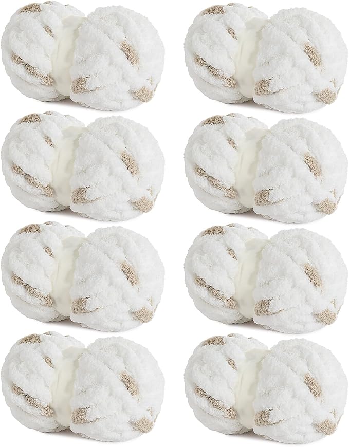 8-Pack Chunky Chenille Yarn – Super Bulky, Plush, 29 yds Each, White & Khaki
