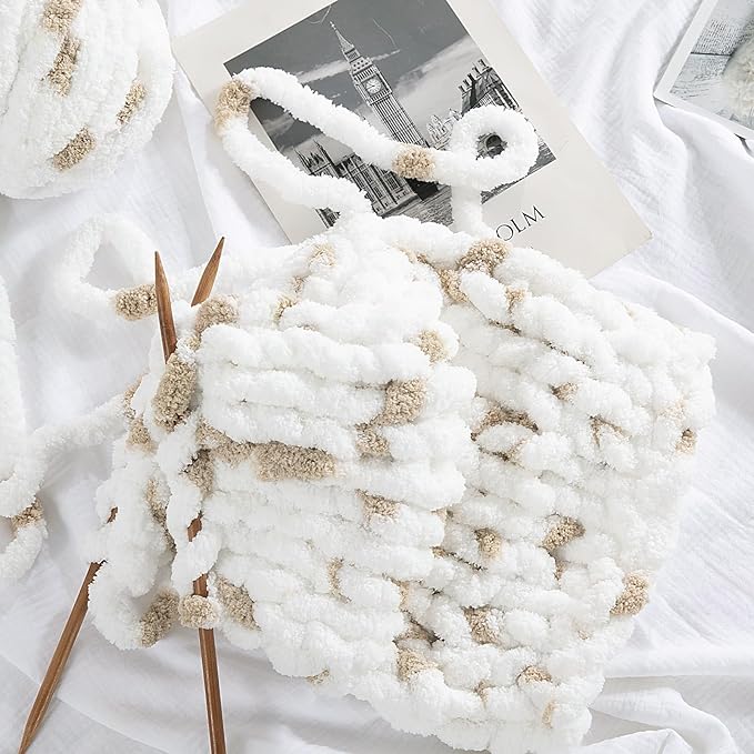 8-Pack Chunky Chenille Yarn – Super Bulky, Plush, 29 yds Each, White & Khaki - Image 3