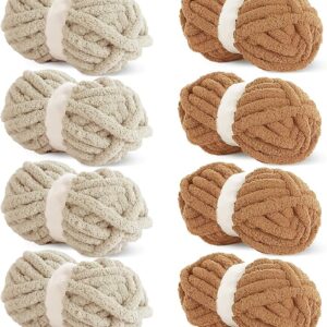 8-Pack Assorted Chunky Chenille Yarn – Super Bulky, Soft, 27 yds Each, Khaki & Coffee