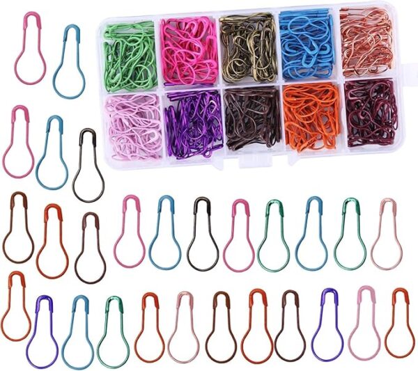 300pcs Calabash Safety Pins – 10 Colors Crochet Stitch Markers with Storage Box