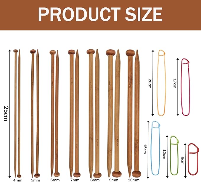 7 Pairs Bamboo Knitting Needles Set – Natural Long Wooden Single Point Needles for Beginners - Image 2