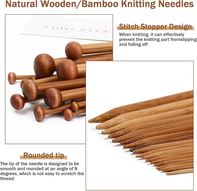 7 Pairs Bamboo Knitting Needles Set – Natural Long Wooden Single Point Needles for Beginners - Image 3