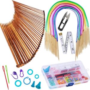 Bamboo Knitting Needles Set – 18 Pairs Circular & 36 Single Pointed Needles with Weaving Tools