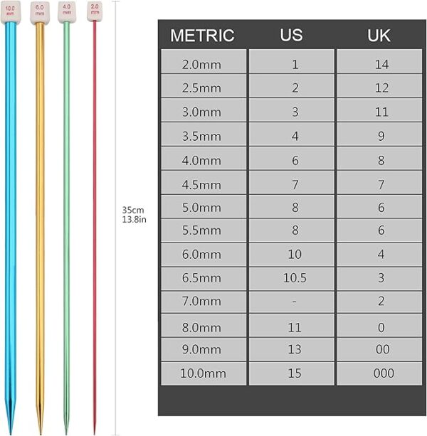 14 Pairs Stainless Steel Knitting Needles – 2.0mm-10.0mm Colored Straight Needles, 13.8" Length - Image 2