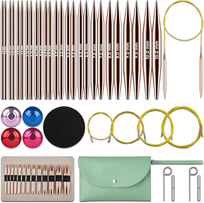 13 Pairs Interchangeable Circular Knitting Needles Set – Rose Gold Aluminum with Accessories