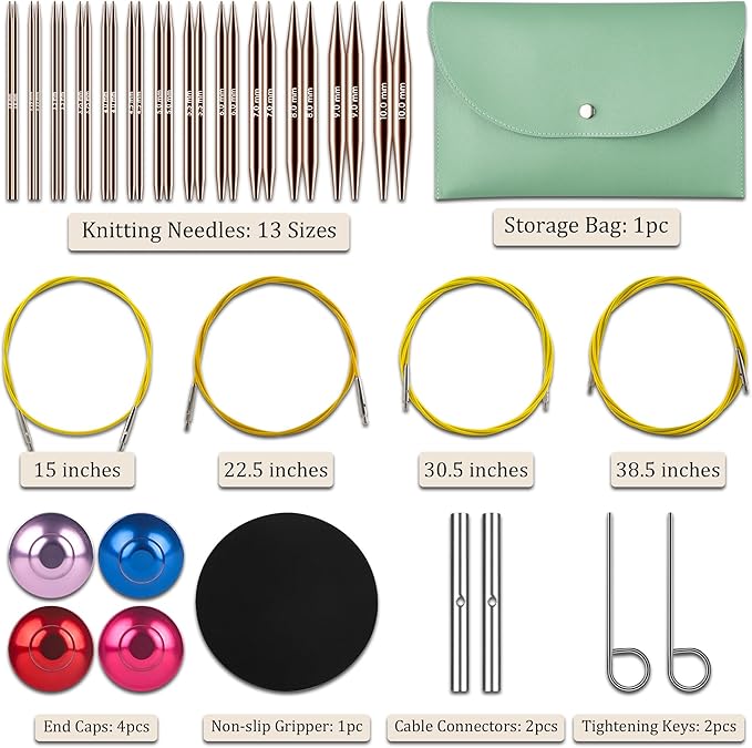 13 Pairs Interchangeable Circular Knitting Needles Set – Rose Gold Aluminum with Accessories - Image 2