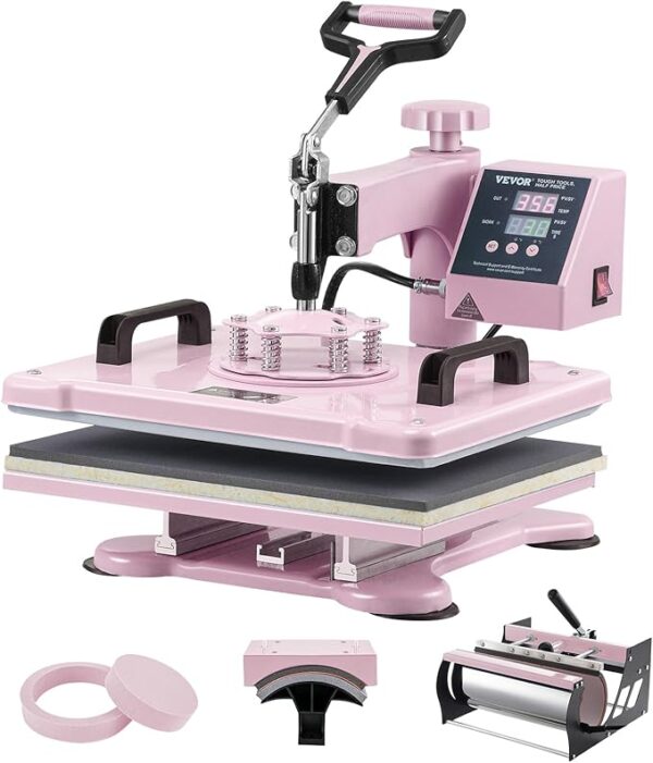 5-in-1 Heat Press Combo – 12x15 Sublimation Machine with Tumbler & Hat Press, Pink