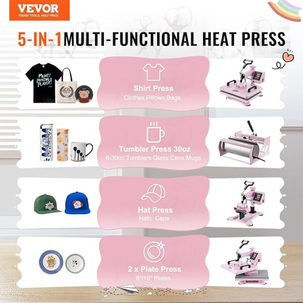 5-in-1 Heat Press Combo – 12x15 Sublimation Machine with Tumbler & Hat Press, Pink - Image 2
