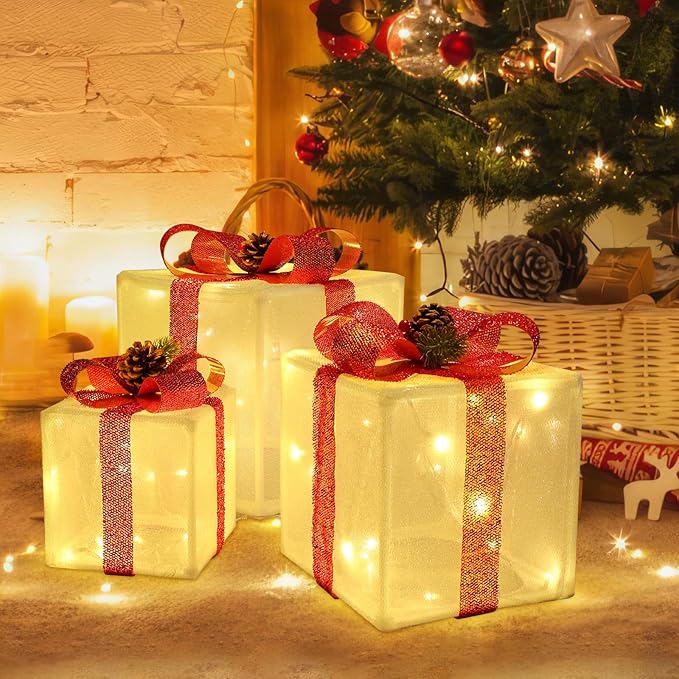 Set of 3 Christmas Lighted Gift Boxes – Battery Operated with 50 Warm White Lights, Indoor/Outdoor Holiday Decoration
