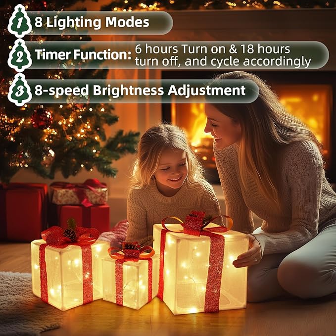 Set of 3 Christmas Lighted Gift Boxes – Battery Operated with 50 Warm White Lights, Indoor/Outdoor Holiday Decoration - Image 2