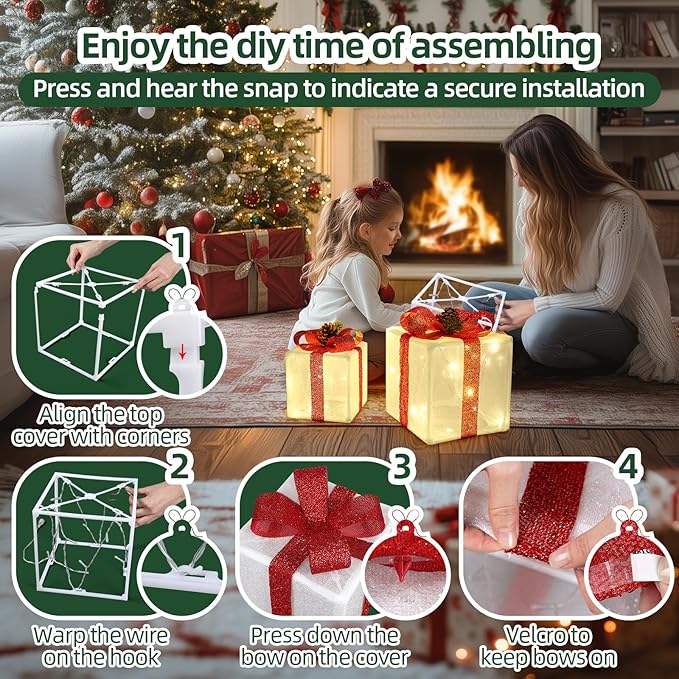 Set of 3 Christmas Lighted Gift Boxes – Battery Operated with 50 Warm White Lights, Indoor/Outdoor Holiday Decoration - Image 3