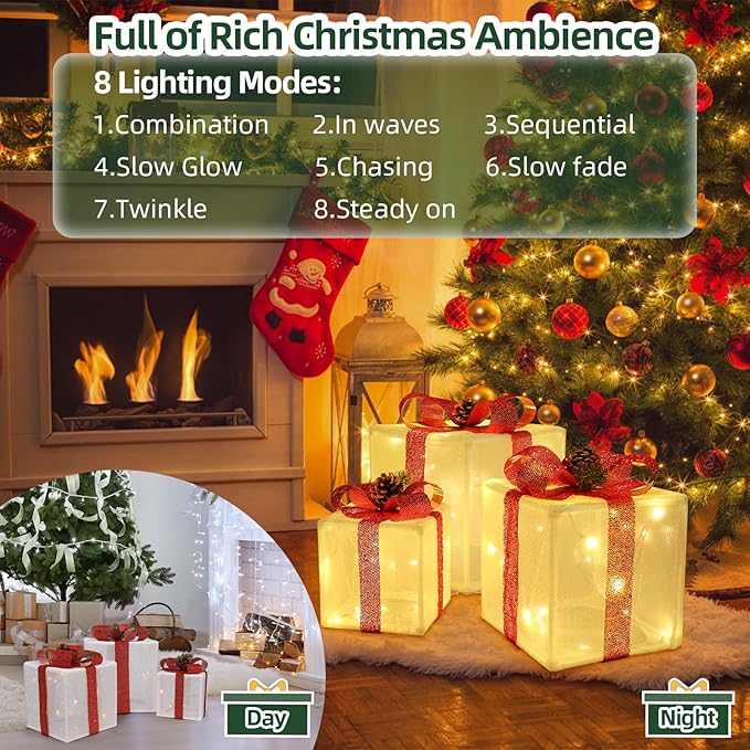 Set of 3 Christmas Lighted Gift Boxes – Battery Operated with 50 Warm White Lights, Indoor/Outdoor Holiday Decoration - Image 4