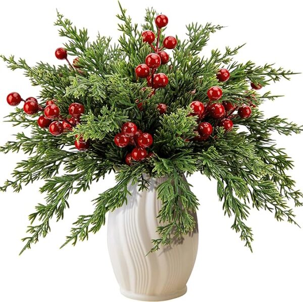 45pcs Artificial Pine Branches with Red Berries – 10.5" Faux Pine Stems for DIY Decor