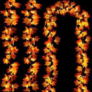 30Ft Fall Garland with 60 LED Maple Leaf Lights – Battery Operated, Timer, 3 Pack