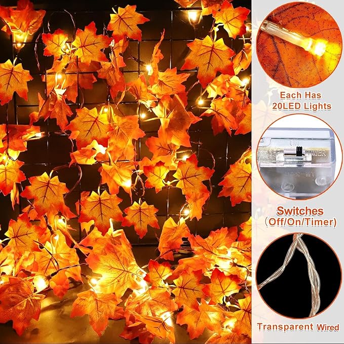 30Ft Fall Garland with 60 LED Maple Leaf Lights – Battery Operated, Timer, 3 Pack - Image 3