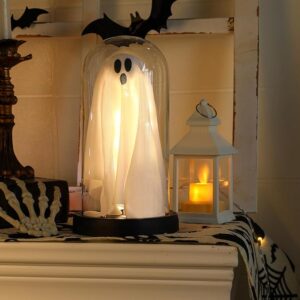 Halloween Light-Up Ghost in Glass Cloche – Indoor Decor for Home, Kitchen & Parties