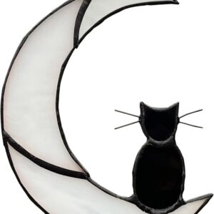 Black Cat on White Moon Stained Glass Suncatcher – Halloween Window Panel & Memorial Gift