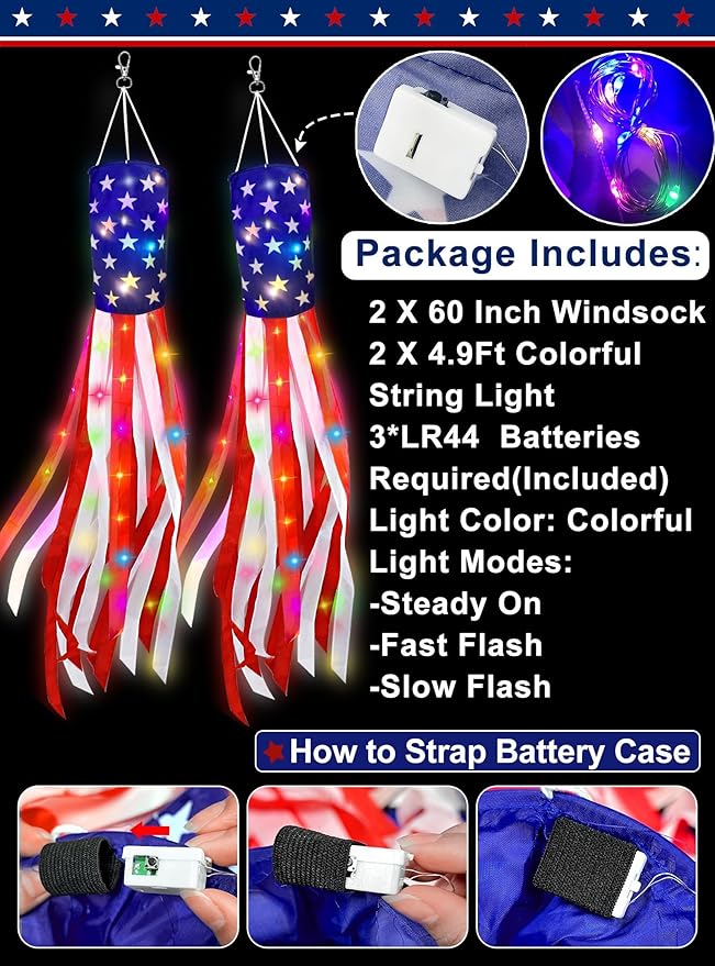 2PCS 60" LED American Flag Windsocks – Patriotic Outdoor Decor - Image 3
