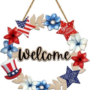 4th of July Patriotic Wreath & Wooden Welcome Sign – Door & Porch Decor