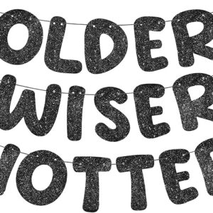 Set of 3 “Older Wiser Hotter” Glitter Banners – Funny Birthday Decorations (Black)