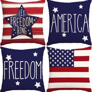 4th of July Pillow Covers 18x18", Set of 4 – Patriotic Red, White & Blue Outdoor Throw Cases