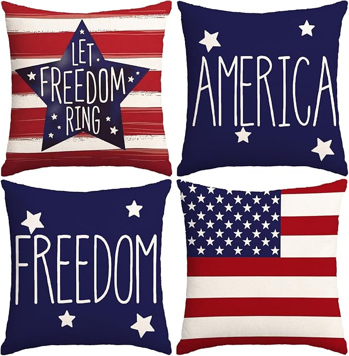 4th of July Pillow Covers 18x18", Set of 4 – Patriotic Red, White & Blue Outdoor Throw Cases