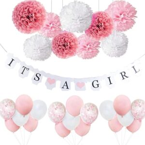 Baby Shower Decorations for Girls – Pink & White Banner, Balloons, Confetti & Pom Poms