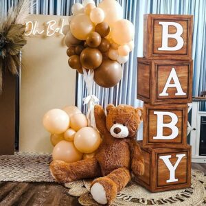 Baby Shower Boxes – 4 Wood Grain Blocks with BABY Letters, Teddy Bear & Gender Reveal Decor