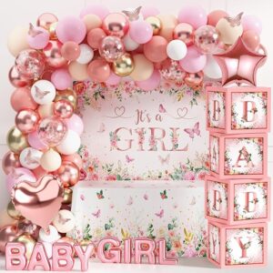 Baby Girl Pink Rose Gold Baby Shower Decor – Floral, “It’s a Girl” Backdrop & Balloon Arch Set