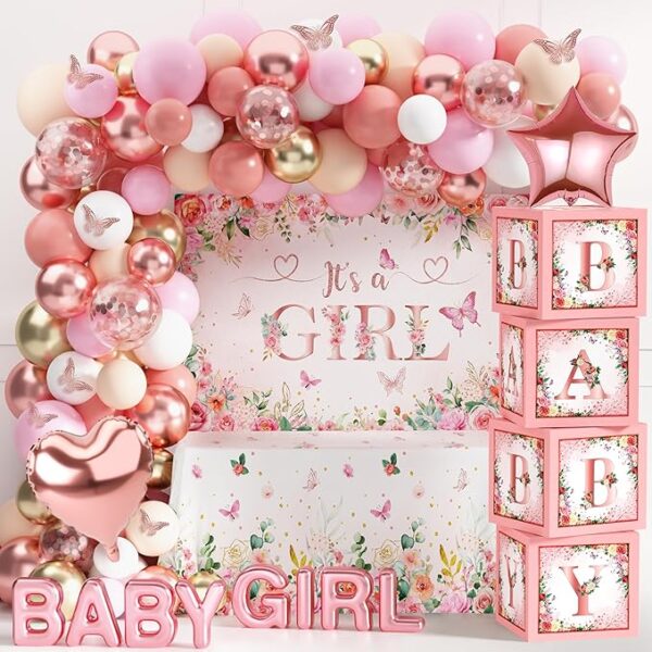 Baby Girl Pink Rose Gold Baby Shower Decor – Floral, “It’s a Girl” Backdrop & Balloon Arch Set