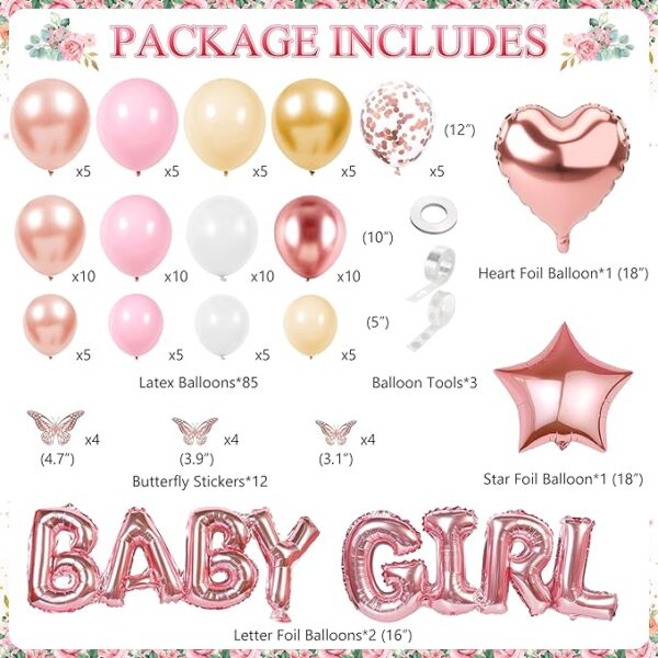 Baby Girl Pink Rose Gold Baby Shower Decor – Floral, “It’s a Girl” Backdrop & Balloon Arch Set - Image 2