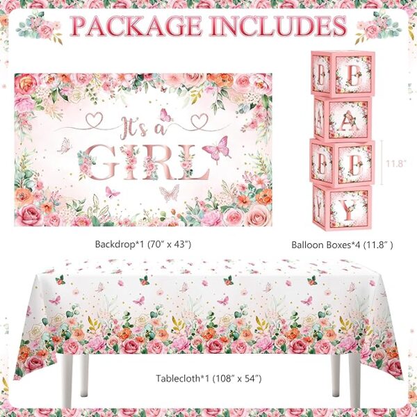 Baby Girl Pink Rose Gold Baby Shower Decor – Floral, “It’s a Girl” Backdrop & Balloon Arch Set - Image 3