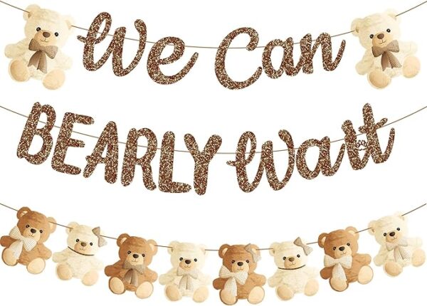 Teddy Bear Banner “We Can Bearly Wait” – Brown Glitter Baby Shower & Gender Reveal Decor (19"x70")