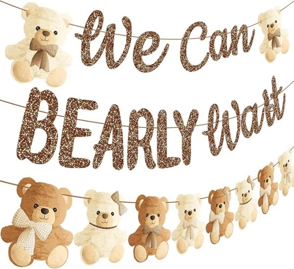 Teddy Bear Banner “We Can Bearly Wait” – Brown Glitter Baby Shower & Gender Reveal Decor (19"x70") - Image 2