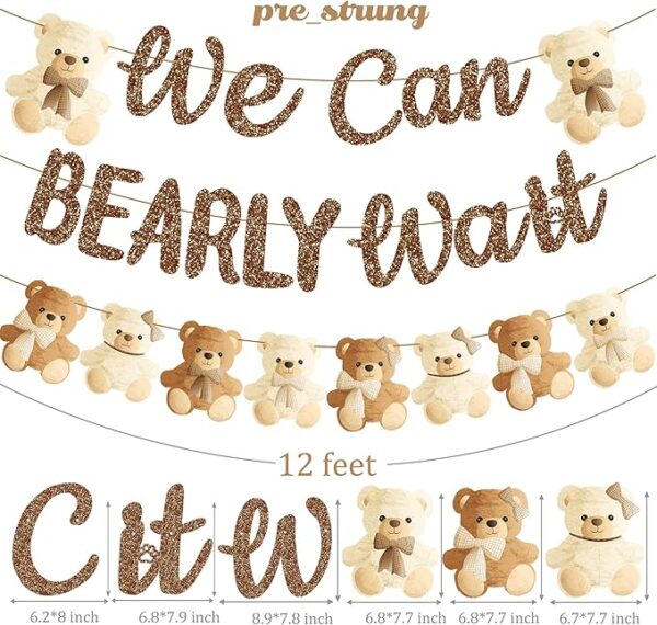 Teddy Bear Banner “We Can Bearly Wait” – Brown Glitter Baby Shower & Gender Reveal Decor (19"x70") - Image 3