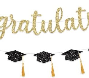 Class of 2025 Graduation Banner – Gold Glitter Congrats Grad with Tassel, Black Party Decor