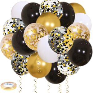 50PCS Black, Gold & White Confetti Balloons – 12" Party Decorations