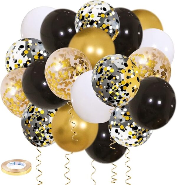 50PCS Black, Gold & White Confetti Balloons – 12" Party Decorations
