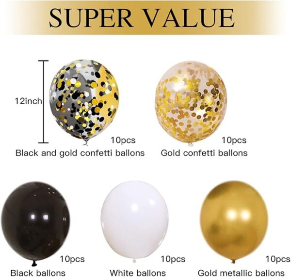 50PCS Black, Gold & White Confetti Balloons – 12" Party Decorations - Image 2