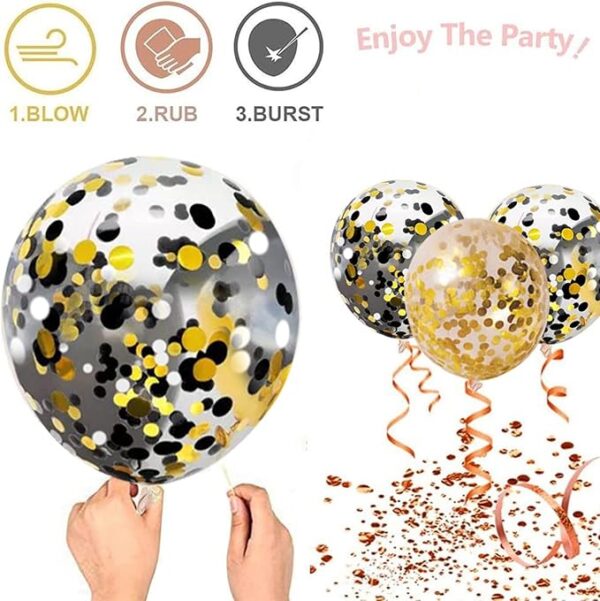 50PCS Black, Gold & White Confetti Balloons – 12" Party Decorations - Image 4