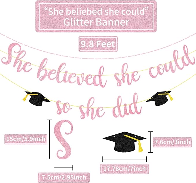 “She Believed She Could So She Did” Pink Glitter Banner – 2024 Graduation Photo Backdrop for Girls - Image 2